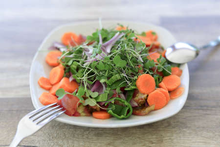 Vegan salad with organic products from Alicante, on a natural wooden table.の写真素材