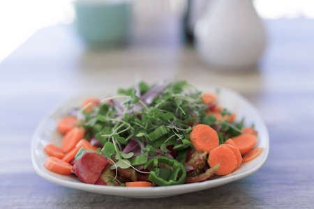 Salad plate with organic vegetables produced in Spain on a wooden backgroundの写真素材