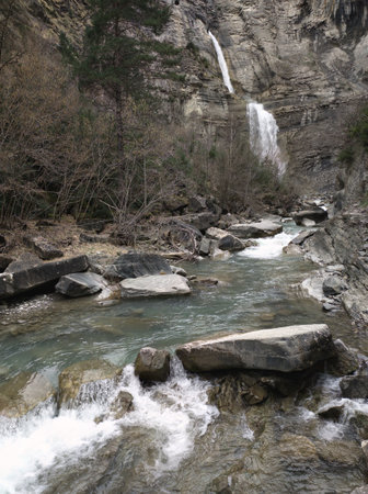 Sorrosal waterfall in the town of Broto province of Huesca in Spain.の写真素材