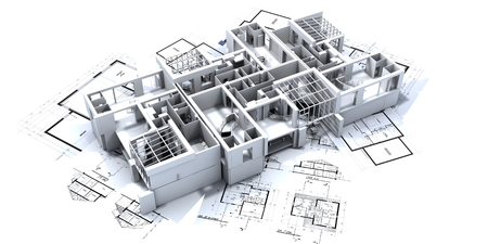 three houses on top of architect's blueprints