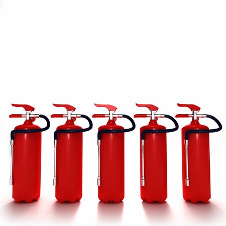 A line of five red fire extinguishers against white backgroundの写真素材