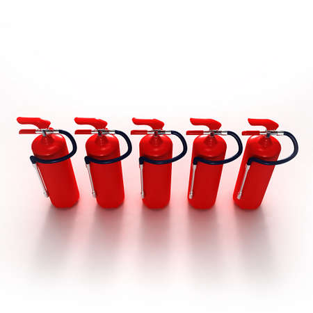 A line of five red fire extinguishers against white background