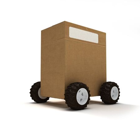 Cardboard box package on wheelsの写真素材