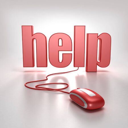 3D rendering of the word HELP in red connected to a red mouse