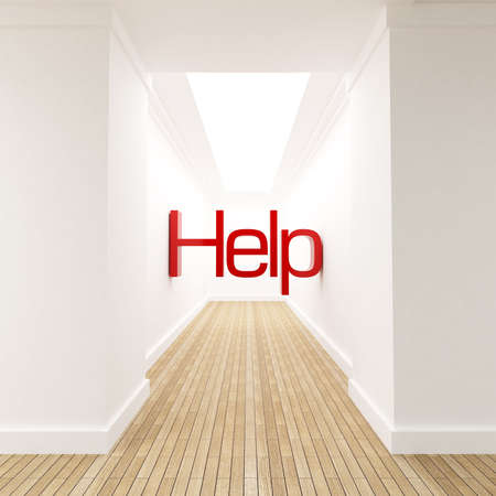 3D rendering of the word help in red letters at the end of blind corridorの写真素材