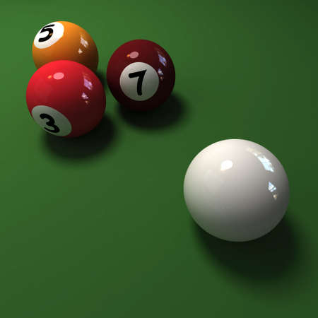 Cue ball and three numbered billiard balls against a green felt table
