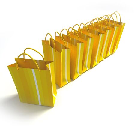 3D rendering of high quality looking yellow stripped shopping bags against a white backgroundの写真素材