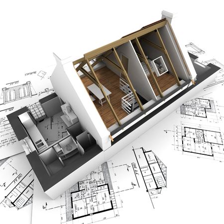 3D rendering of a roofless house on top of architect plans