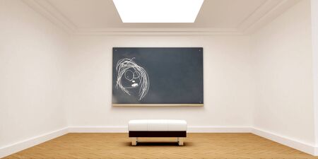 A childs drawing on a blackboard on an almost empty roomの写真素材