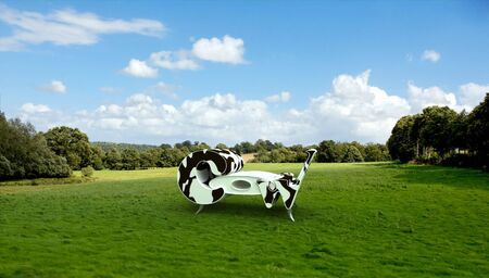 Designers seat in cow hide in a pastureの写真素材