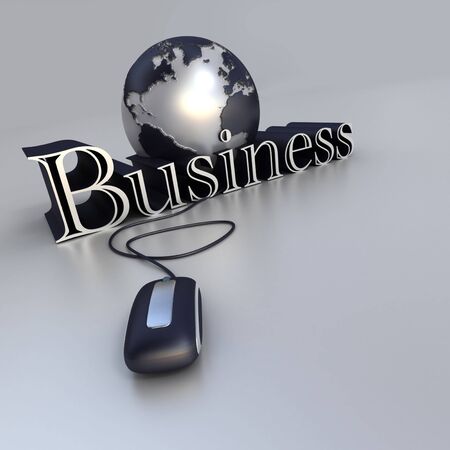 3D-rendering of a world globe a computer mouse and the word business in blue and silver shadesの写真素材