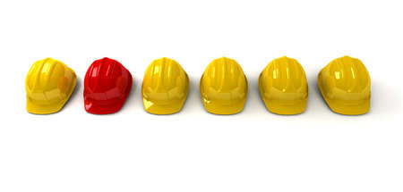 3D rendering of a line of yellow safety helmets with a red oneの写真素材