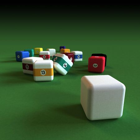 Cubic pool balls against a green felt table