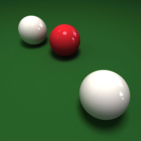 3D rendering of two cue balls and a white one on a green felt tableの写真素材
