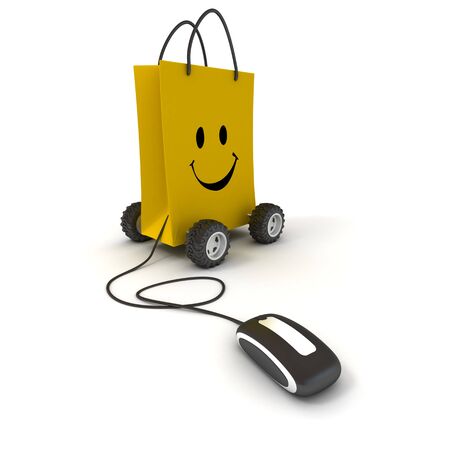 Smiling yellow shopping bag on wheels connected to a computer mouseの写真素材