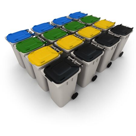 3D rendering of a battery of garbage bins with lids in different colorsの写真素材