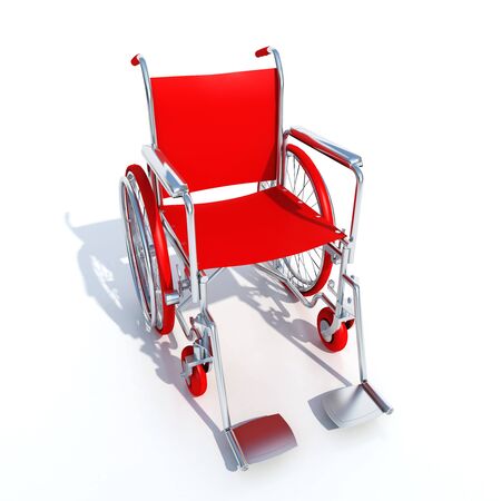 3D rendering of a red and chrome wheelchair on a white backgroundの写真素材