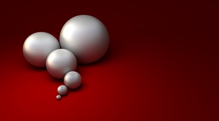 3D rendering of six pearls in different sizes against a red backgroundの写真素材