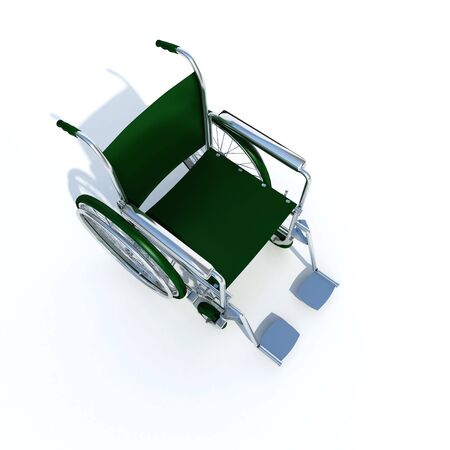 3D rendering of the back of a green and chrome wheelchair on a white backgroundの写真素材
