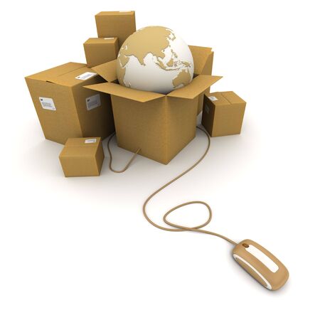 3D rendering of a pile of cartons with a world map connected to a computer mouseの写真素材