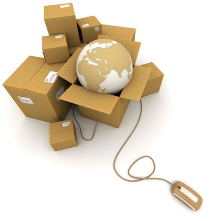 3D rendering of a pile of cartons with a world map connected to a computer mouseの写真素材