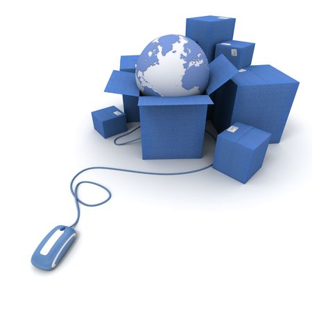 3D rendering of a pile of blue cartons with a world map connected to a computer mouseの写真素材