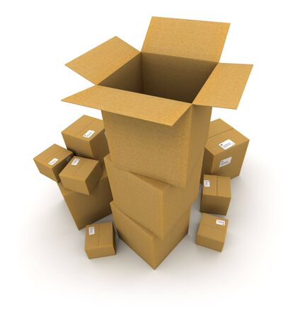 3d rendering of piles of cardboard boxes with an open empty oneの写真素材