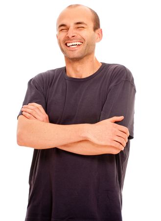 Portrait of a laughing young man against a white backgroundの写真素材