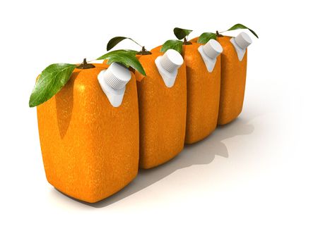 3D rendering of four Cubic oranges with a juice dispenserの写真素材