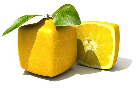 3D rendering of a cubic lemon and a halfの写真素材