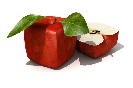 3D rendering of a cubic red apple and a halfの写真素材