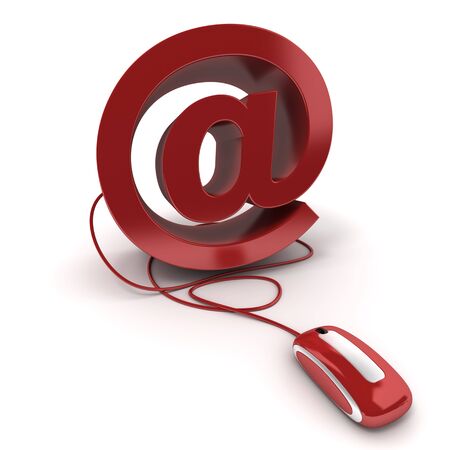 3D rendering of the at symbol in red connected to a computer mouse on a white backgroundの写真素材