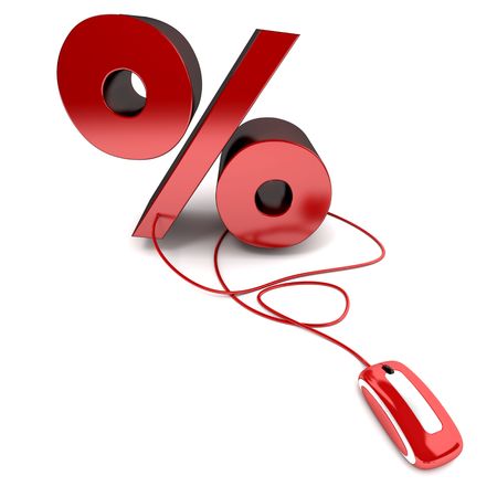 3D rendering of a red percentage sign connected to a computer mouseの写真素材