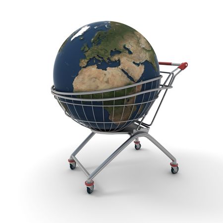 3D rendering of a world globe on a supermarket trolleyの写真素材