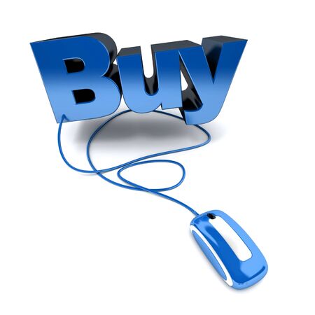 Blue and white 3D illustration of the word buy connected to a computer mouseの写真素材