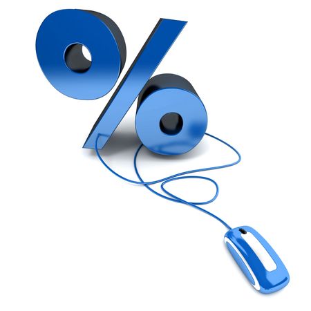 3D rendering of a blue percentage sign connected to a computer mouseの写真素材