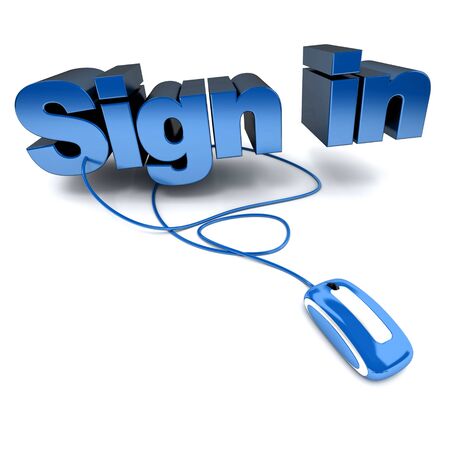 Blue and white 3D illustration of the word sign in connected to a computer mouseの写真素材
