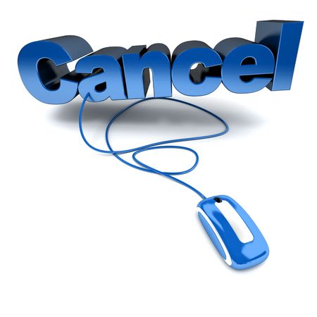 Blue and white 3D illustration of the word cancel connected to a computer mouseの写真素材