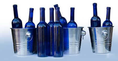 Blue bottles and ice buckets against a white backgroundの写真素材