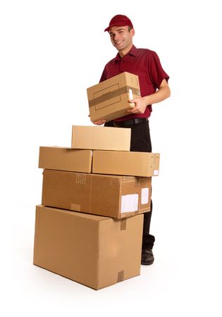 
Isolated image of a messenger in red delivering a lot of boxes
の写真素材