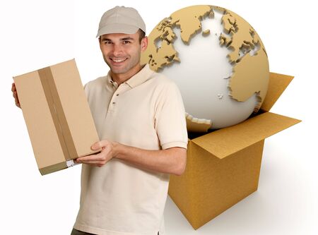 
Messenger carrying a package with an open box containing the Word as background
の写真素材