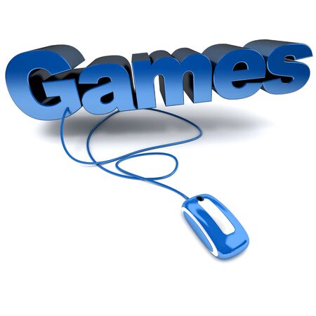 Blue and white 3D illustration of the word games connected to a computer mouseの写真素材