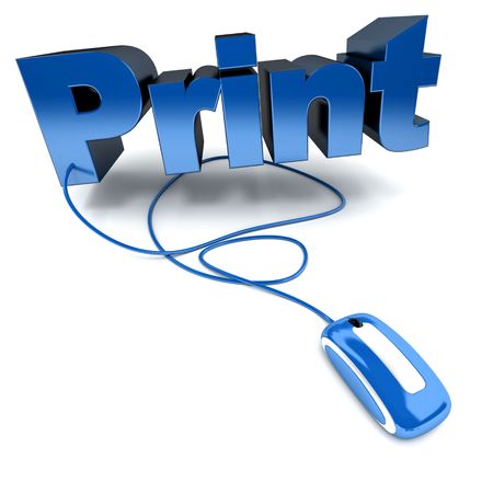 Blue and white 3D illustration of the word print connected to a computer mouseの写真素材