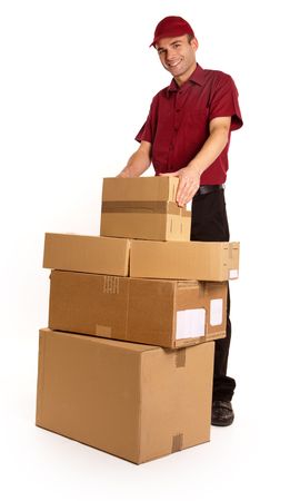 
Isolated image of a messenger in red delivering a lot of boxes
の写真素材
