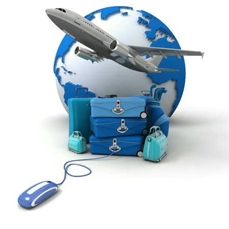
The Earth, a plane taking off, a pile of luggage including suitcases, briefcases, golf bag, connected to a computer mouse in blue shades
の写真素材