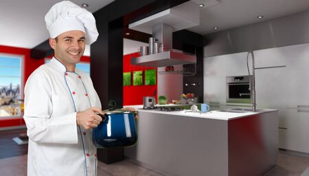 
Smiling chef in a modern red and black kitchen
の写真素材
