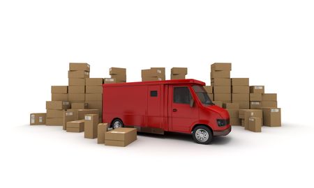 
3D rendering of a red van and piles of cardboard boxes (I made up the information on the labels so no copyright issue)
の写真素材