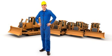 
Workman and a group of yellow bulldozers 
の写真素材