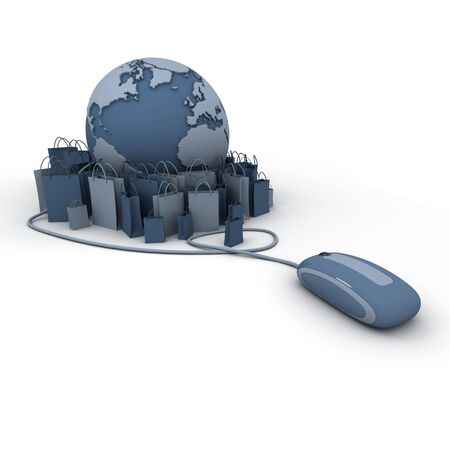 
World globe connected to a computer mouse surrounded by shopping bags in grey and blue shades
の写真素材