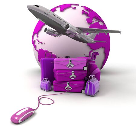 
The Earth, a plane taking off, a pile of luggage including suitcases, briefcases, golf bag, connected to a computer mouse in purple and pink shades
の写真素材